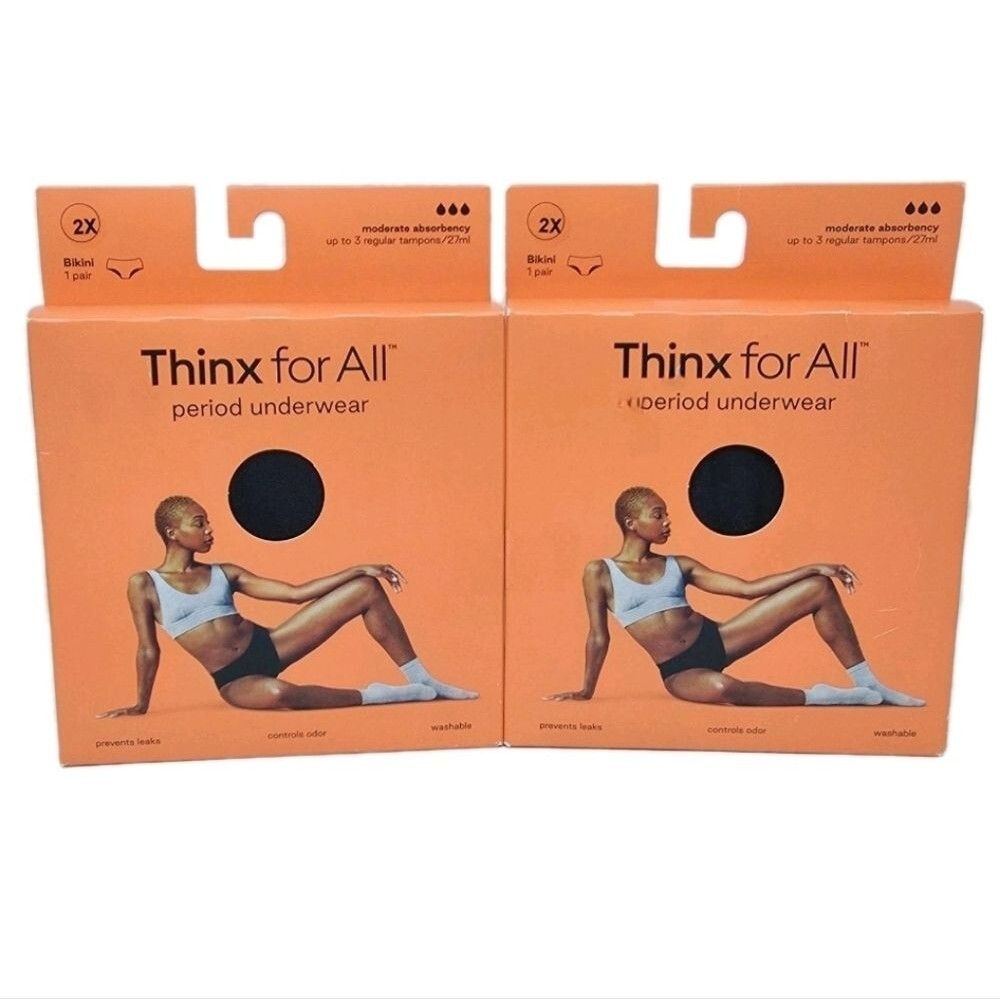 Thinx Cotton Bikini Period Underwear 2-pk Moderate Absorbency Black Plus Size 2X